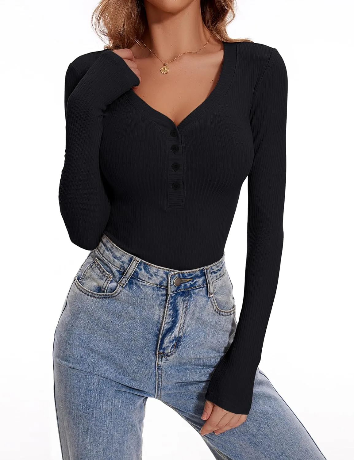 Women's Long Sleeve V Neck Shirt Sexy Henley Fitted Tight Going Out Top Ribbed Knit Button Fall Fashion 2024