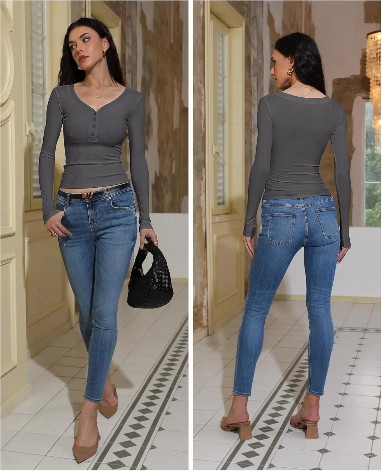 Women's Long Sleeve V Neck Shirt Sexy Henley Fitted Tight Going Out Top Ribbed Knit Button Fall Fashion 2024