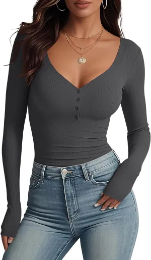 Women's Long Sleeve V Neck Shirt Sexy Henley Fitted Tight Going Out Top Ribbed Knit Button Fall Fashion 2024