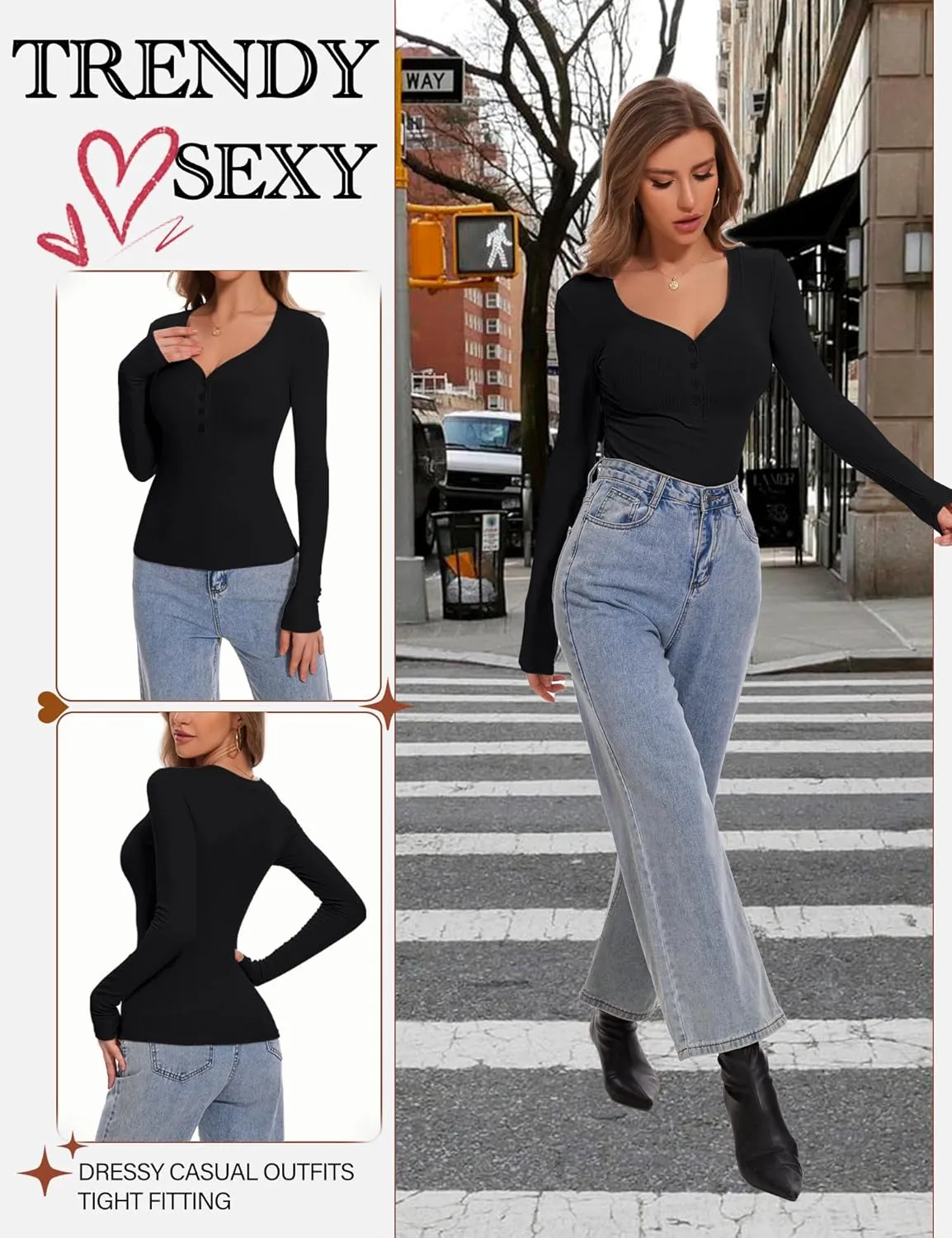Women's Long Sleeve V Neck Shirt Sexy Henley Fitted Tight Going Out Top Ribbed Knit Button Fall Fashion 2024