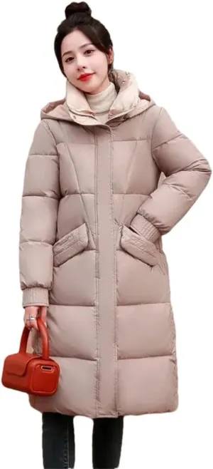 Womens Loose Down Cotton Coat Thick Warm Padded Puffer Parkas Winter Jacket Casual Hooded Overcoat Long Parkas
