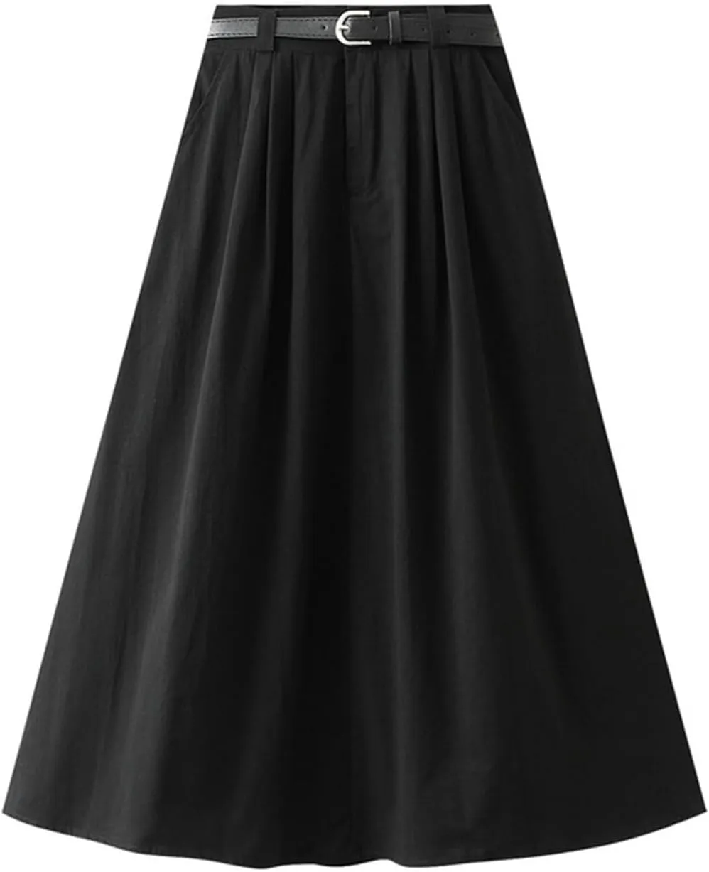 Womens Midi Skirt Pleated Midi Skirts Long Skirt with Pockets Flared Solid Color Dresses Comfort Umbrella Skirt