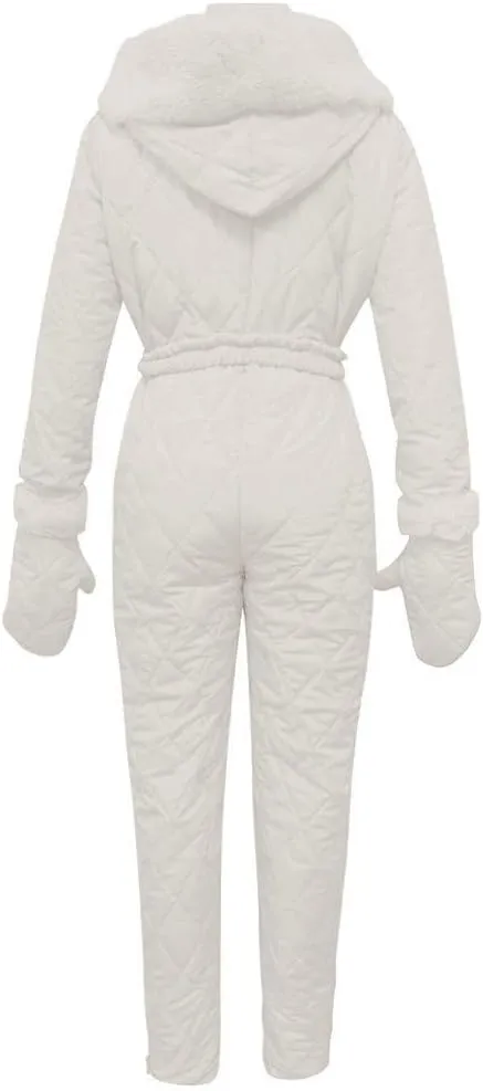 Womens One Piece Snowsuit Winter Onesies Ski Jumpsuits Outdoor Sports Waterproof Ski Outfits Romper with Fur Hood