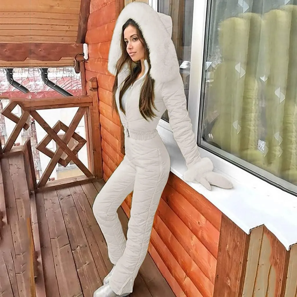 Womens One Piece Snowsuit Winter Onesies Ski Jumpsuits Outdoor Sports Waterproof Ski Outfits Romper with Fur Hood