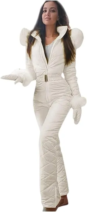 Womens One Piece Snowsuit Winter Onesies Ski Jumpsuits Outdoor Sports Waterproof Ski Outfits Romper with Fur Hood