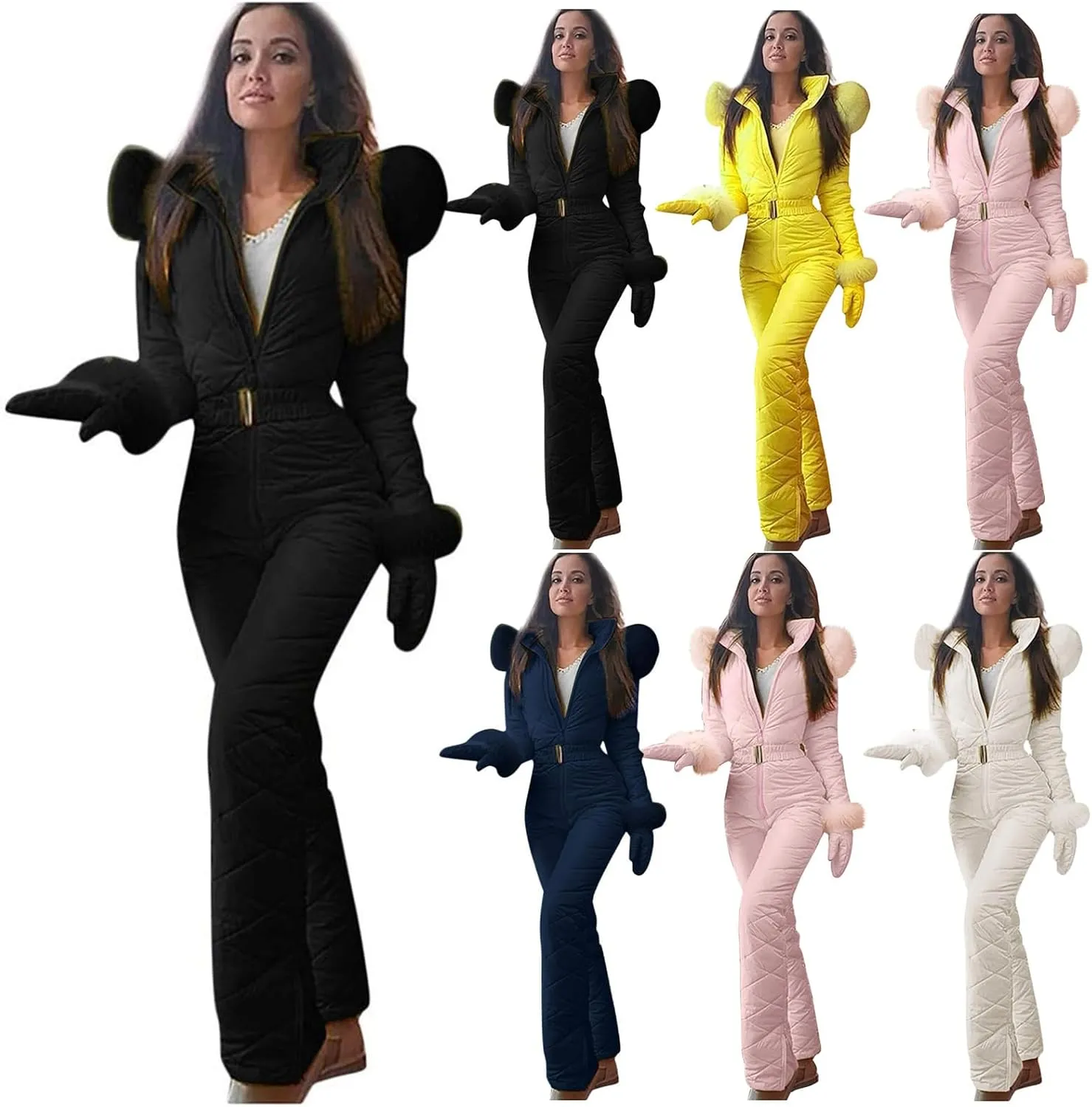Womens One Piece Snowsuit Winter Onesies Ski Jumpsuits Outdoor Sports Waterproof Ski Outfits Romper with Fur Hood