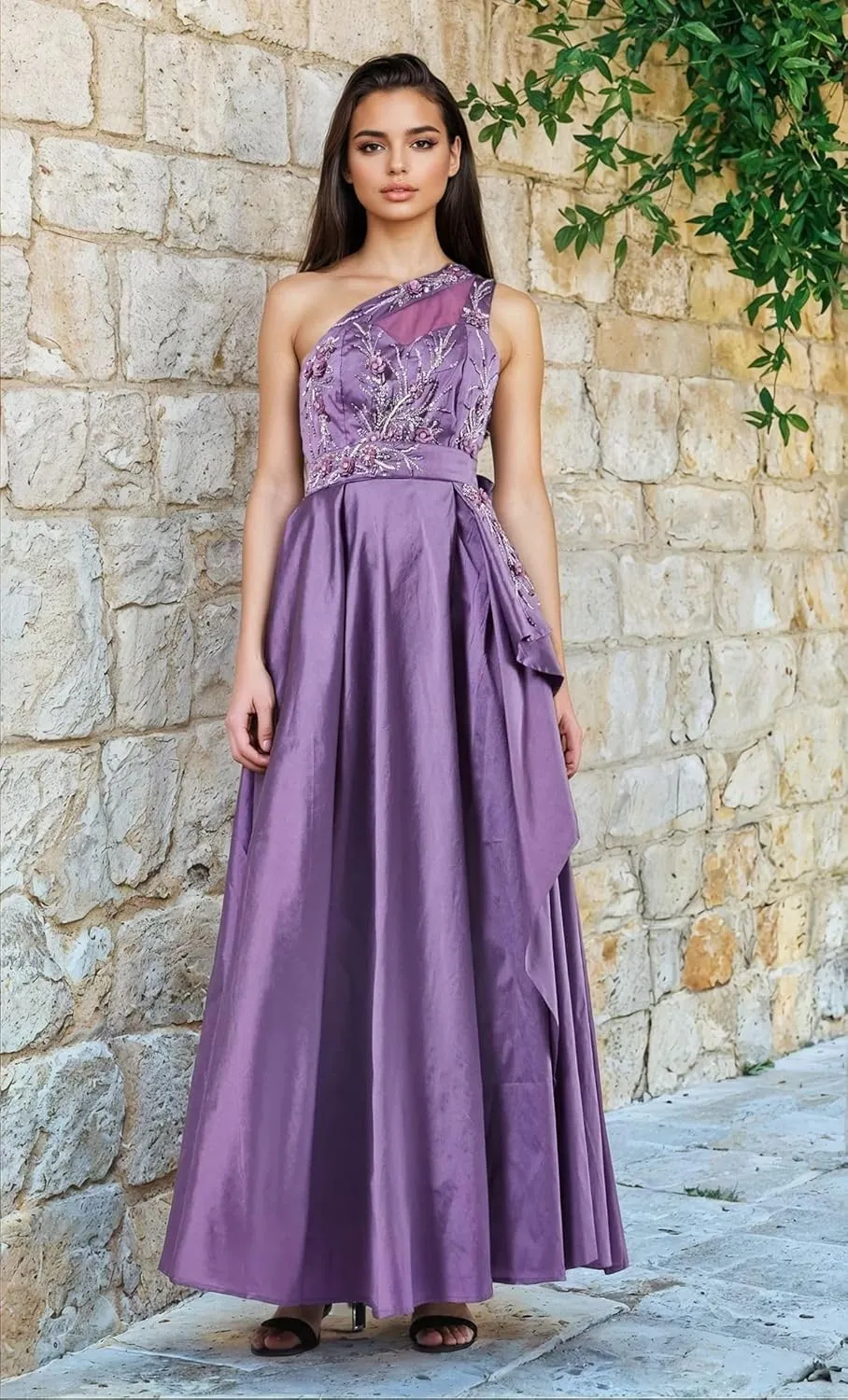 Women's One-Shoulder Embroidered Taffeta Dress  Floral Beaded Maxi with Overlay