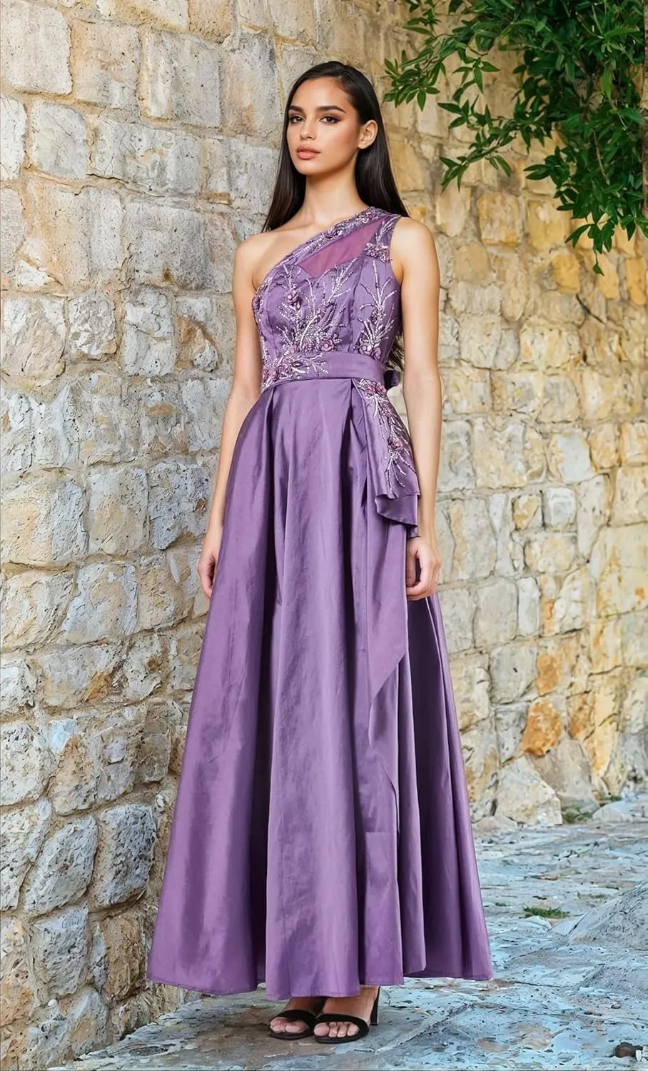 Women's One-Shoulder Embroidered Taffeta Dress  Floral Beaded Maxi with Overlay