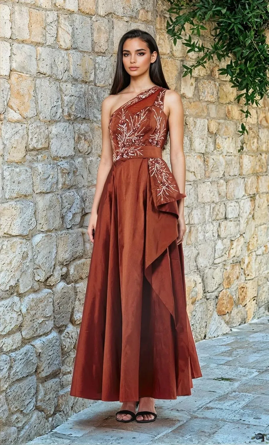 Women's One-Shoulder Embroidered Taffeta Dress  Floral Beaded Maxi with Overlay
