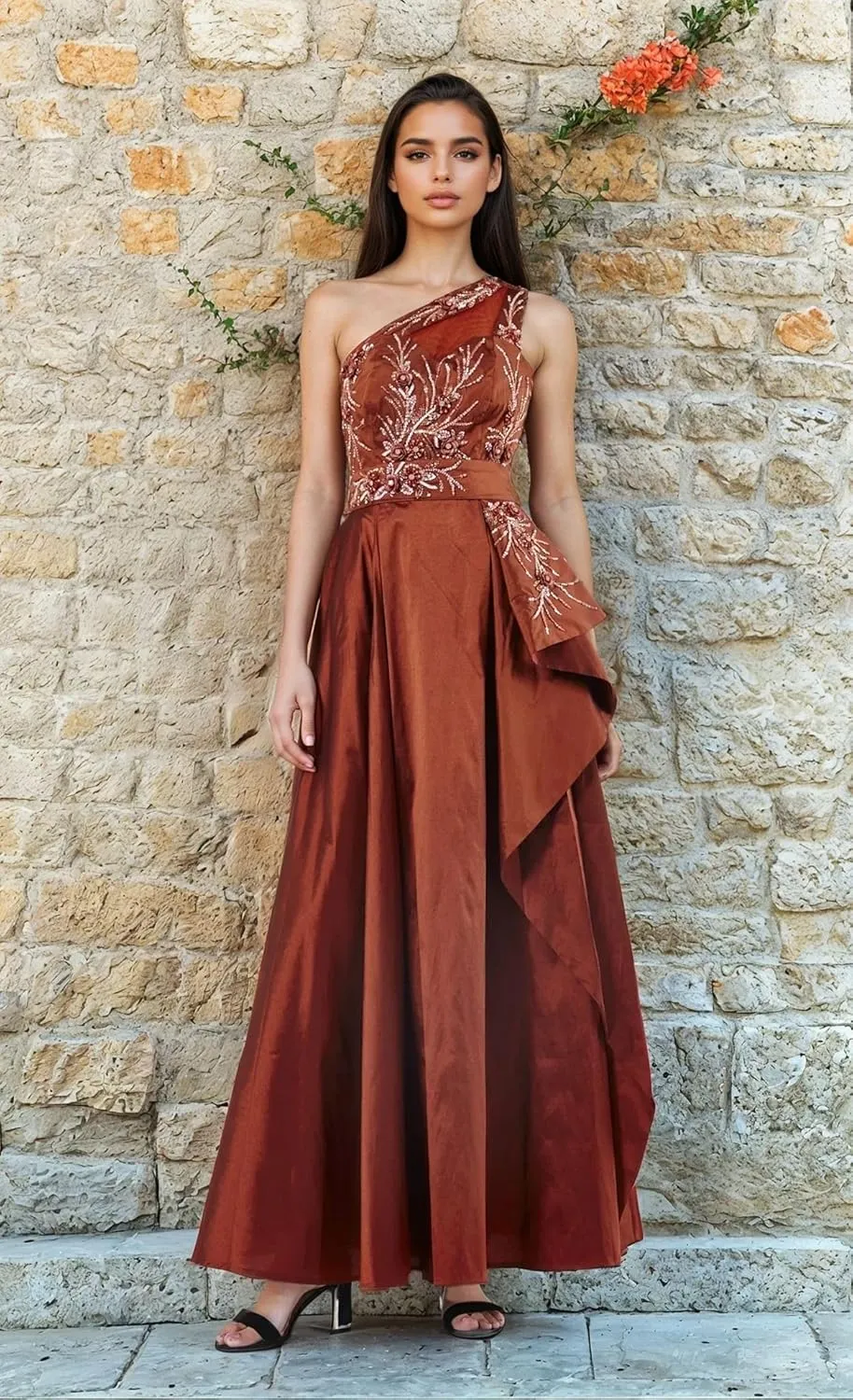 Women's One-Shoulder Embroidered Taffeta Dress  Floral Beaded Maxi with Overlay