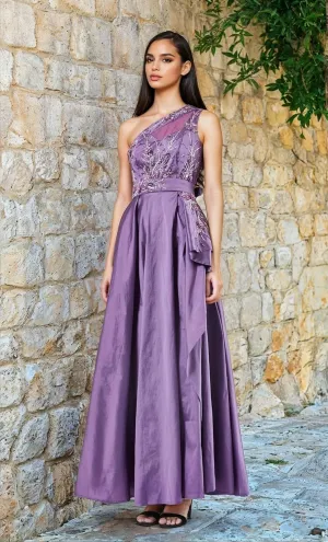 Women's One-Shoulder Embroidered Taffeta Dress  Floral Beaded Maxi with Overlay