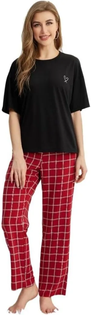Women's Pajama Set, Short Sleeve T-Shirt with Heart Print and Plaid Pants, Casual Loungewear, Black and Red
