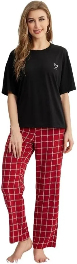 Women's Pajama Set, Short Sleeve T-Shirt with Heart Print and Plaid Pants, Casual Loungewear, Black and Red