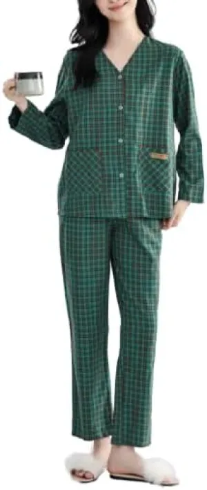Women's Pajamas Set, 2 Piece Plaid Loungewear Long Sleeve Sleepwear Soft Button Down Shirts Pjs