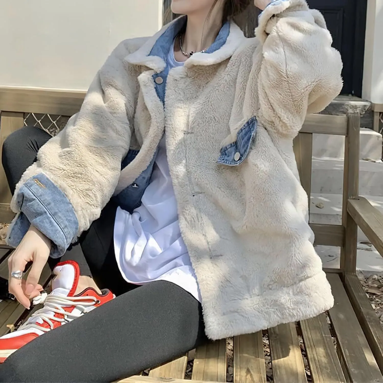 Women's Reversible Warm Notched Collar Jean Jacket Faux Denim Coat Trucker Jacket Elbow Length Jean Jacket Women