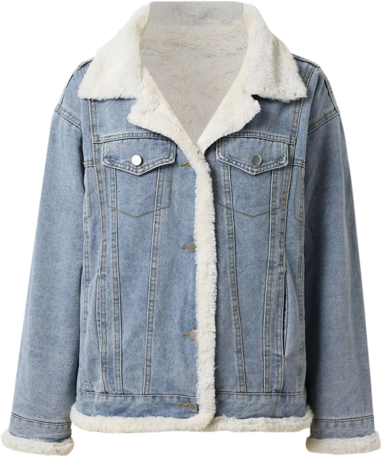 Women's Reversible Warm Notched Collar Jean Jacket Faux Denim Coat Trucker Jacket Elbow Length Jean Jacket Women