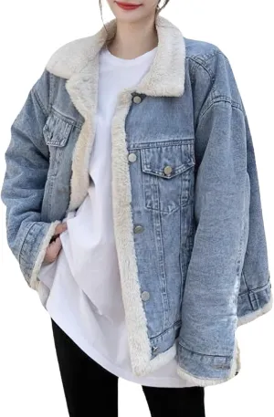 Women's Reversible Warm Notched Collar Jean Jacket Faux Denim Coat Trucker Jacket Elbow Length Jean Jacket Women