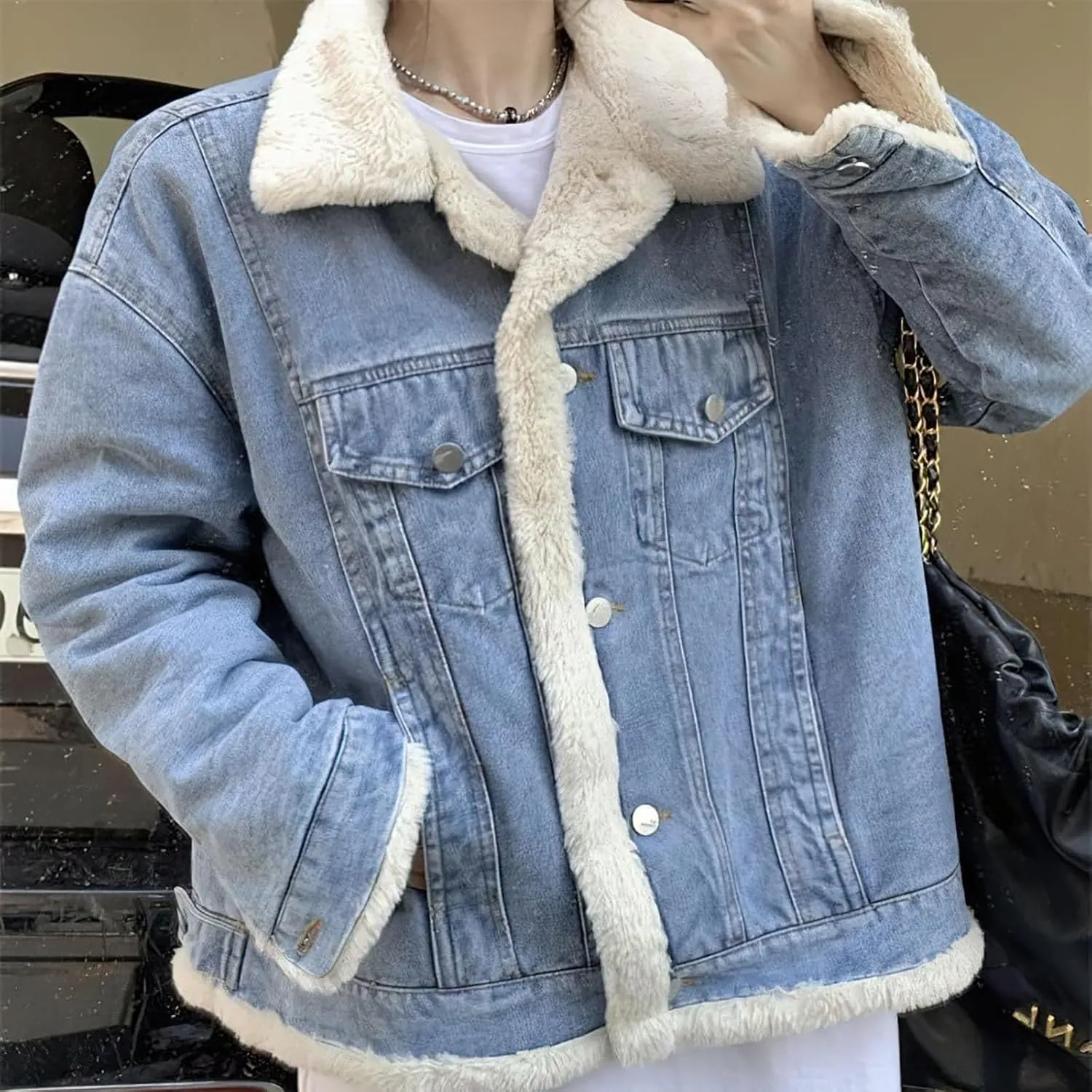 Women's Reversible Warm Notched Collar Jean Jacket Faux Denim Coat Trucker Jacket Elbow Length Jean Jacket Women