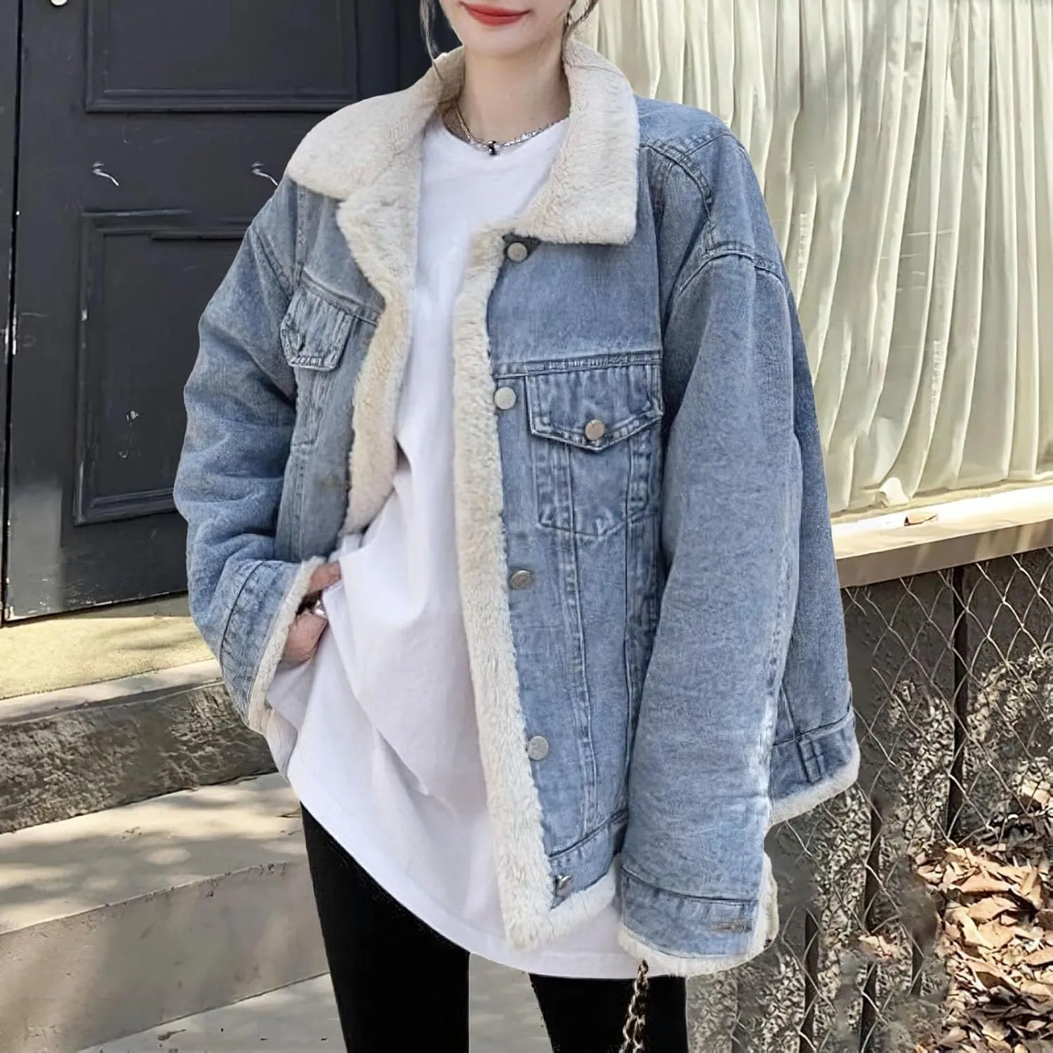 Women's Reversible Warm Notched Collar Jean Jacket Faux Denim Coat Trucker Jacket Elbow Length Jean Jacket Women