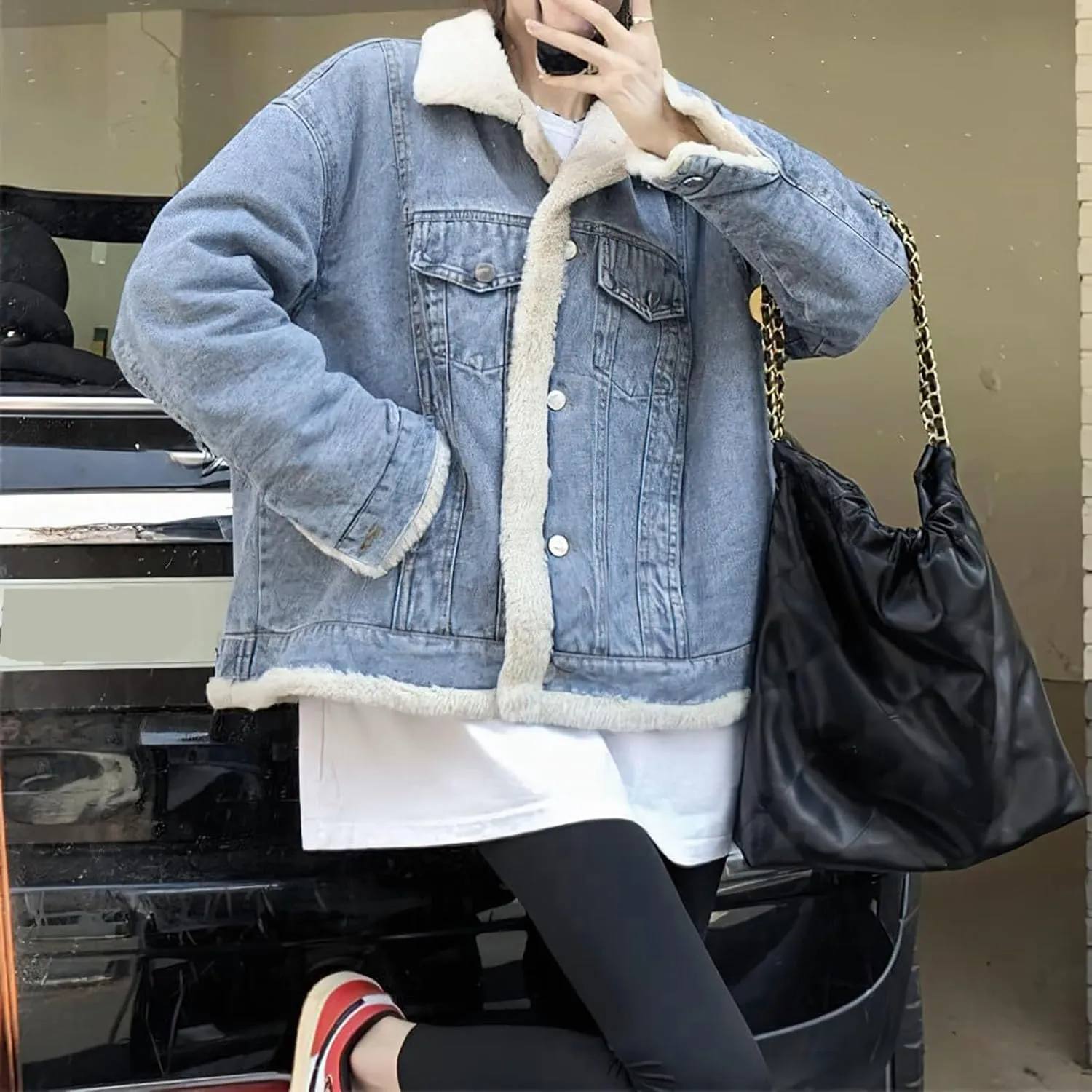 Women's Reversible Warm Notched Collar Jean Jacket Faux Denim Coat Trucker Jacket Elbow Length Jean Jacket Women