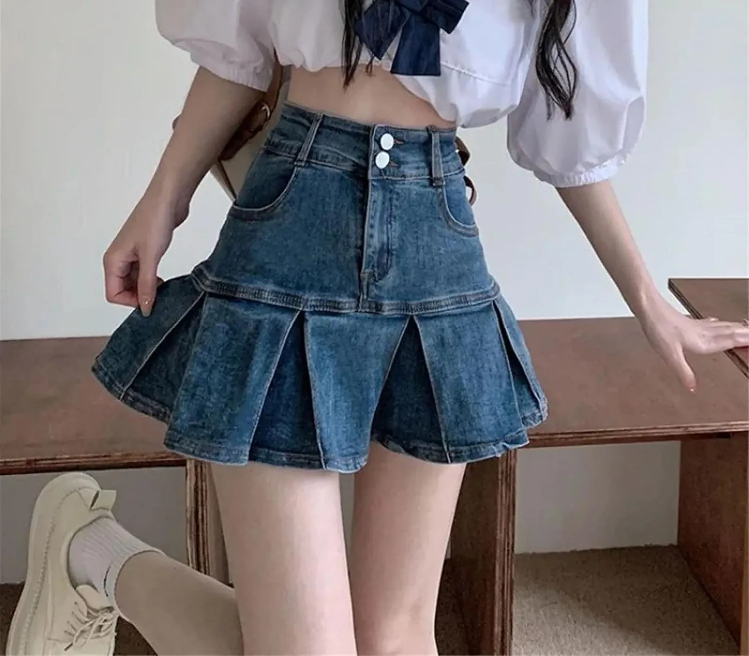 Women's Ruffle Denim Skirt Vintage High Waisted Casual Jeans Skirts Stretch Slim A-Line Skirt