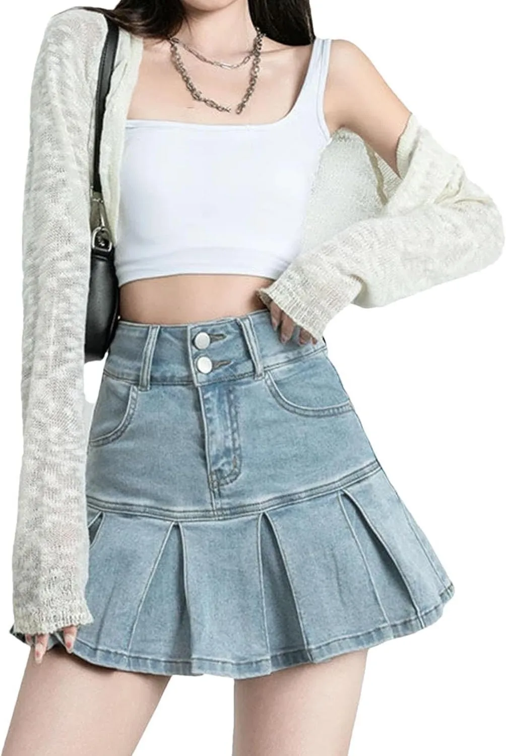 Women's Ruffle Denim Skirt Vintage High Waisted Casual Jeans Skirts Stretch Slim A-Line Skirt