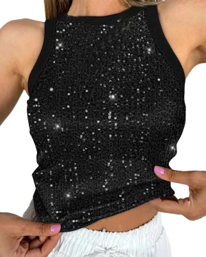 Women's Sequin Tank Top Sparkle Glitter Summer Sleeveless Blouse Crew Neck Slim Fit Club Party Vest