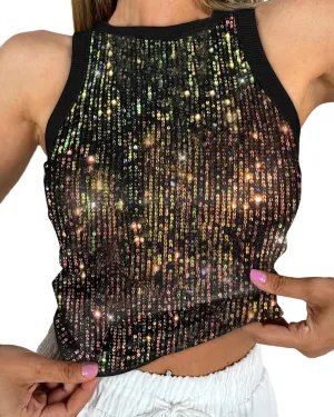 Women's Sequin Tank Top Sparkle Glitter Summer Sleeveless Blouse Crew Neck Slim Fit Club Party Vest