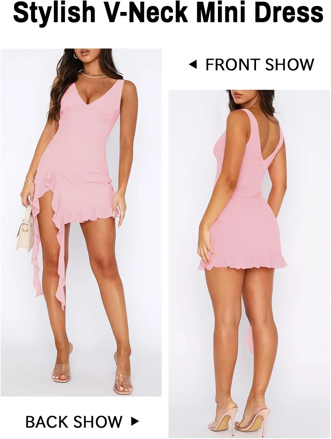 Womens Sexy Deep V Neck Mini Dress for Women Y2K Side Slit Going Out Cocktail Wedding Party Ruffle Short Dresses