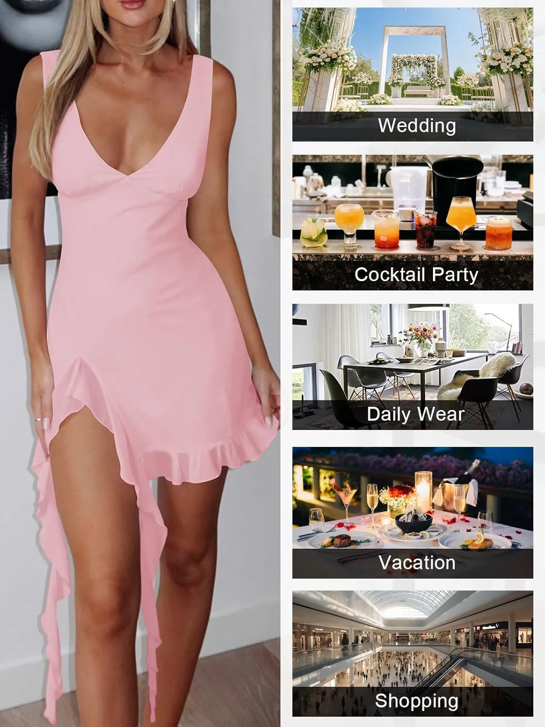 Womens Sexy Deep V Neck Mini Dress for Women Y2K Side Slit Going Out Cocktail Wedding Party Ruffle Short Dresses