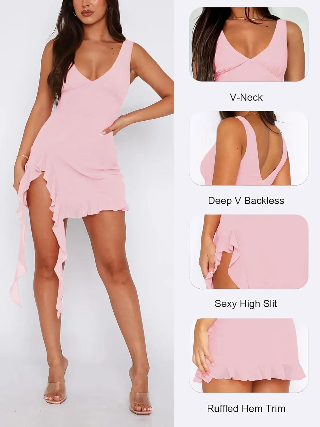 Womens Sexy Deep V Neck Mini Dress for Women Y2K Side Slit Going Out Cocktail Wedding Party Ruffle Short Dresses