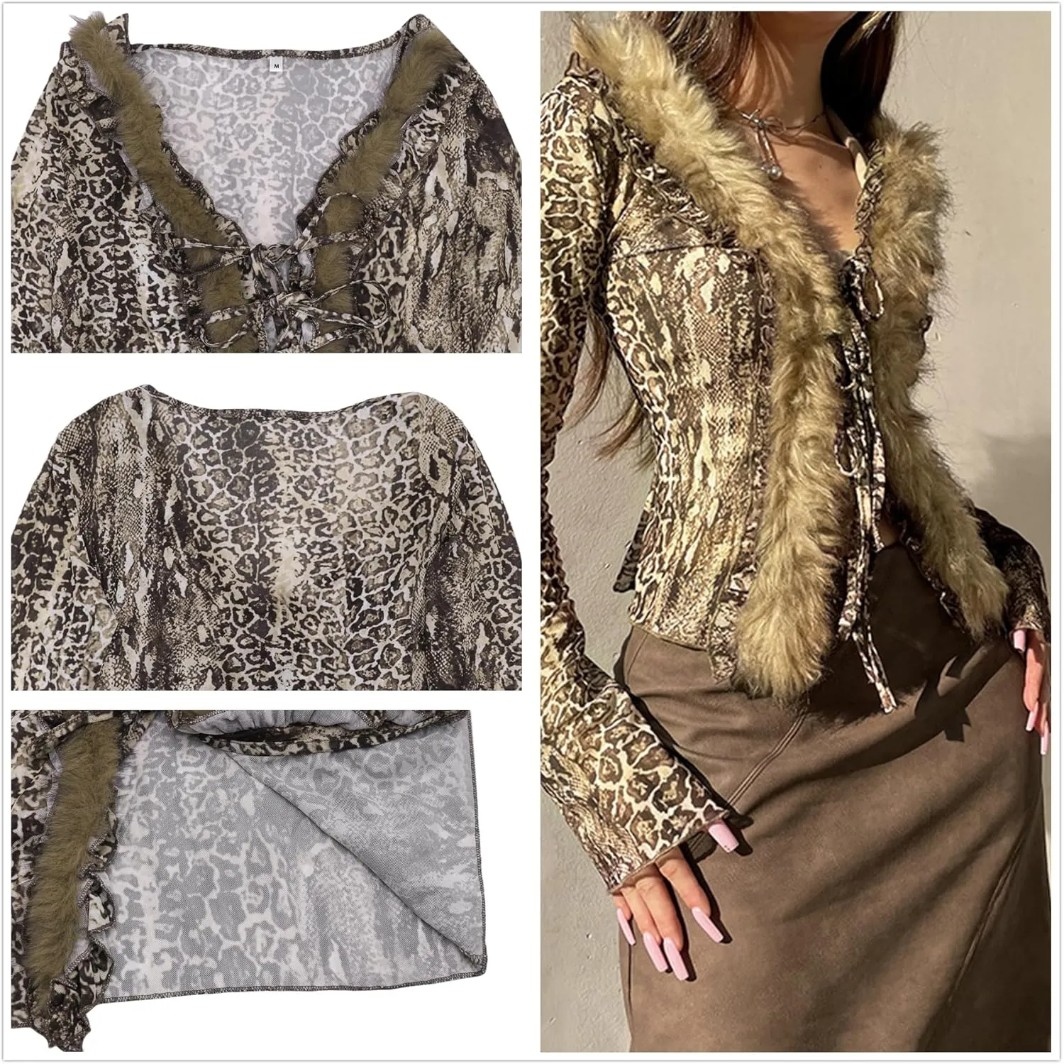 Women's Sexy Feather Trim Blouse Tops Long Sleeve Tie-up Cardigan Faux Fur Crop Top Rave Festival Outfits