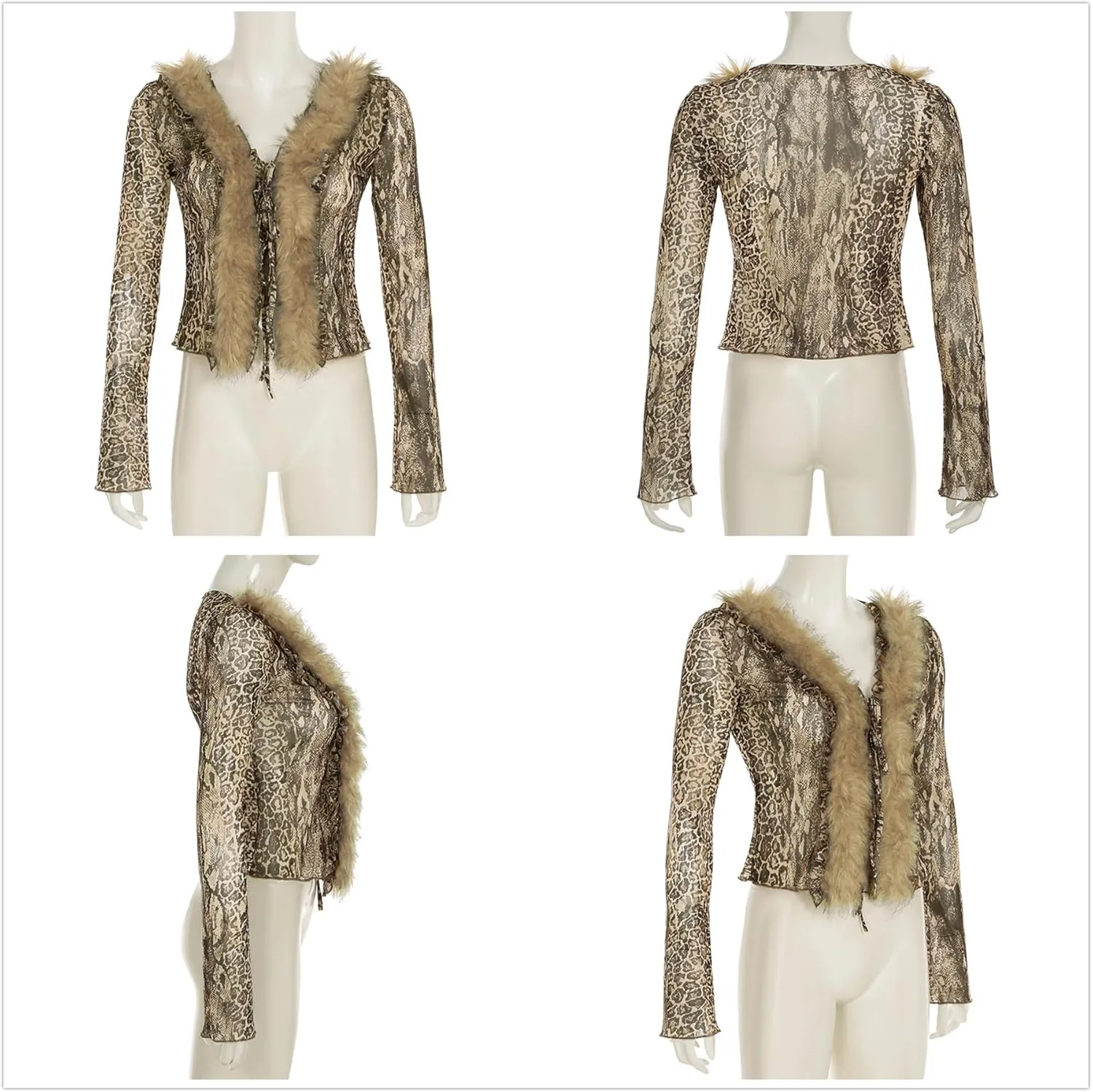 Women's Sexy Feather Trim Blouse Tops Long Sleeve Tie-up Cardigan Faux Fur Crop Top Rave Festival Outfits