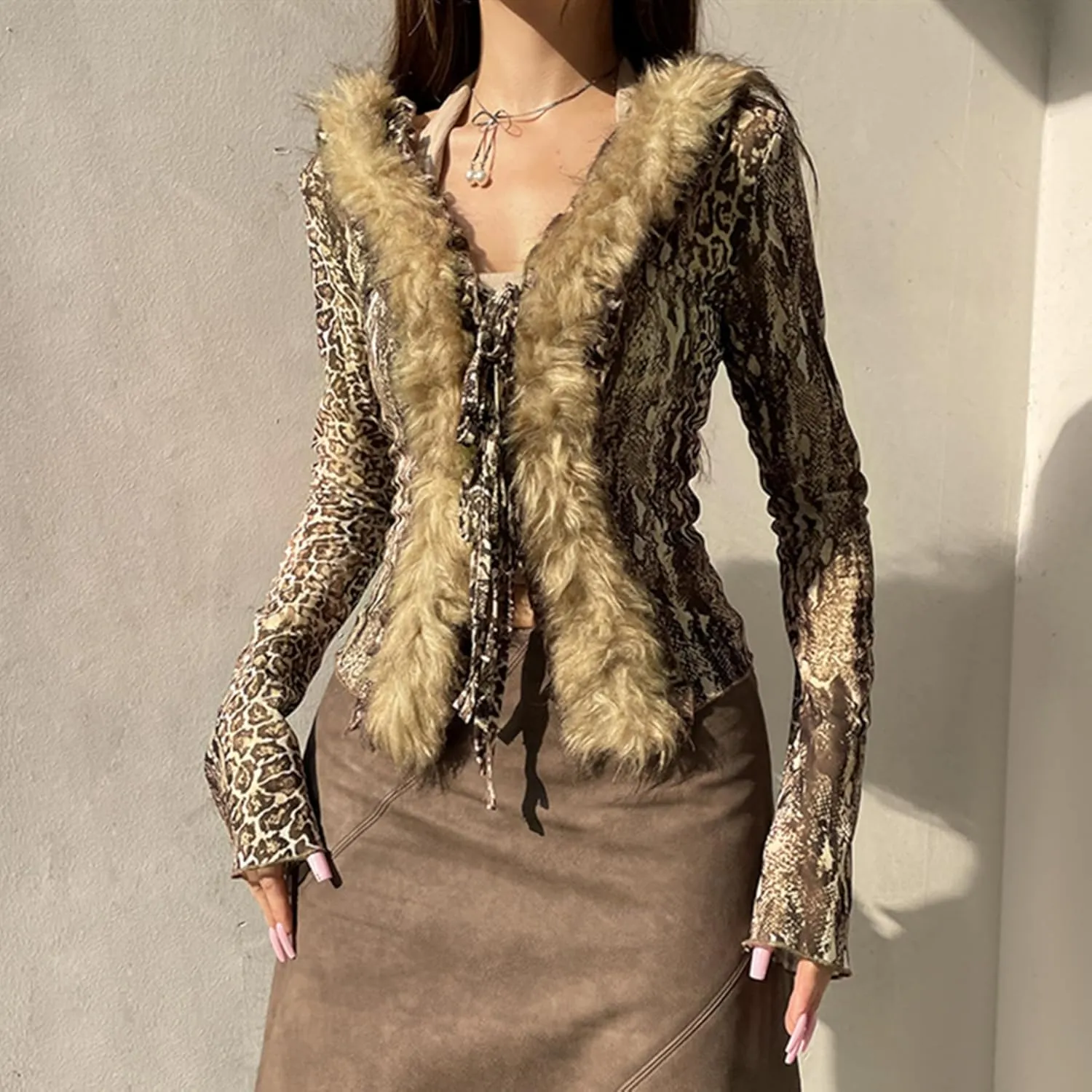 Women's Sexy Feather Trim Blouse Tops Long Sleeve Tie-up Cardigan Faux Fur Crop Top Rave Festival Outfits