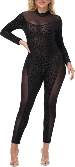 Women's Sexy See Through Leopard Jumpsuit Long Sleeve V Neck Mesh Sheer Bodycon Jumpsuit Cocktail Party Clubwear