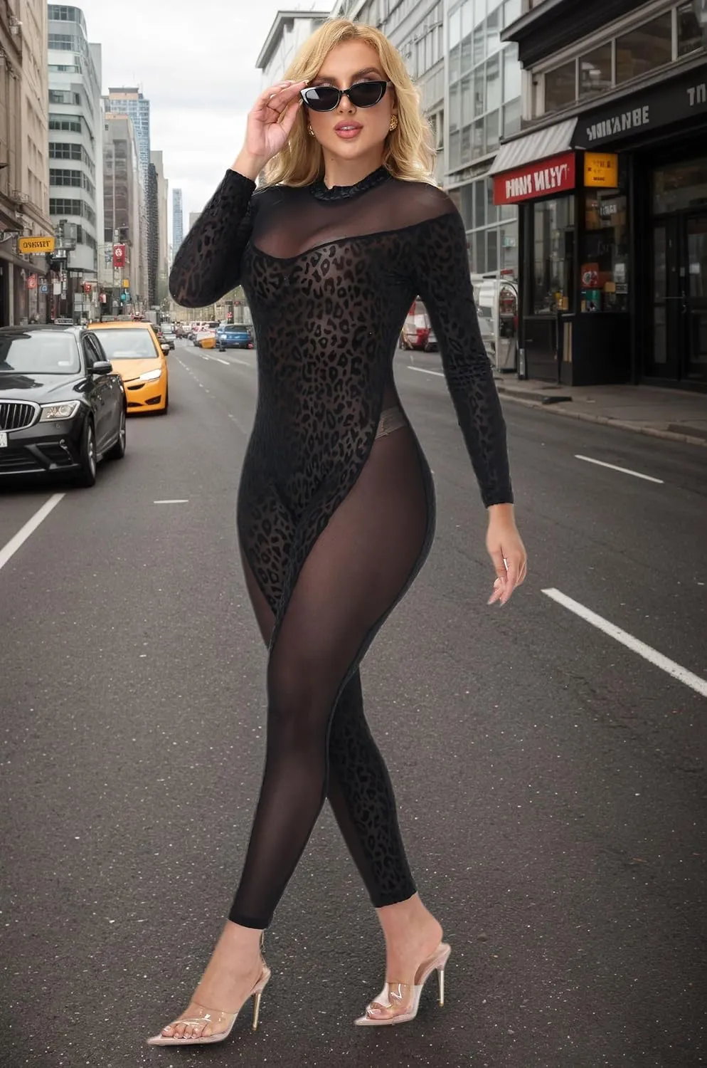 Women's Sexy See Through Leopard Jumpsuit Long Sleeve V Neck Mesh Sheer Bodycon Jumpsuit Cocktail Party Clubwear