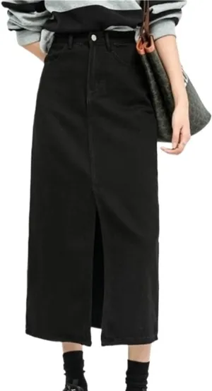 Women's Split Denim Skirt for High Waisted Loose A-line Skirt Elegant Black Skirts Mid Length Skirts
