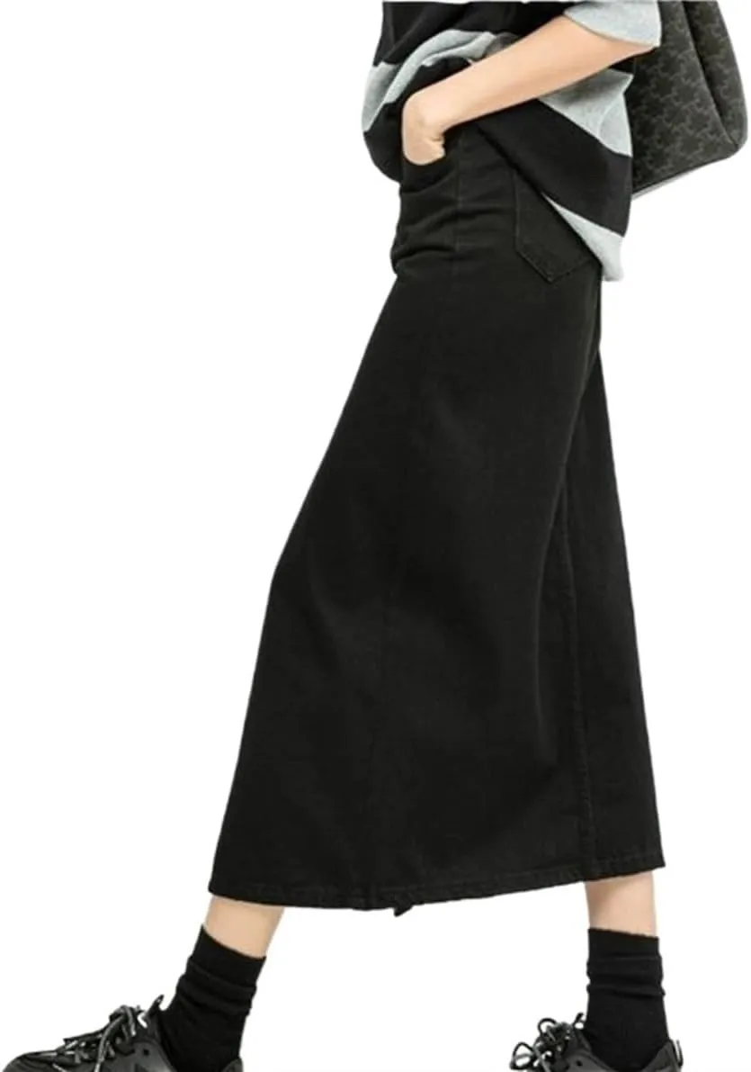 Women's Split Denim Skirt for High Waisted Loose A-line Skirt Elegant Black Skirts Mid Length Skirts