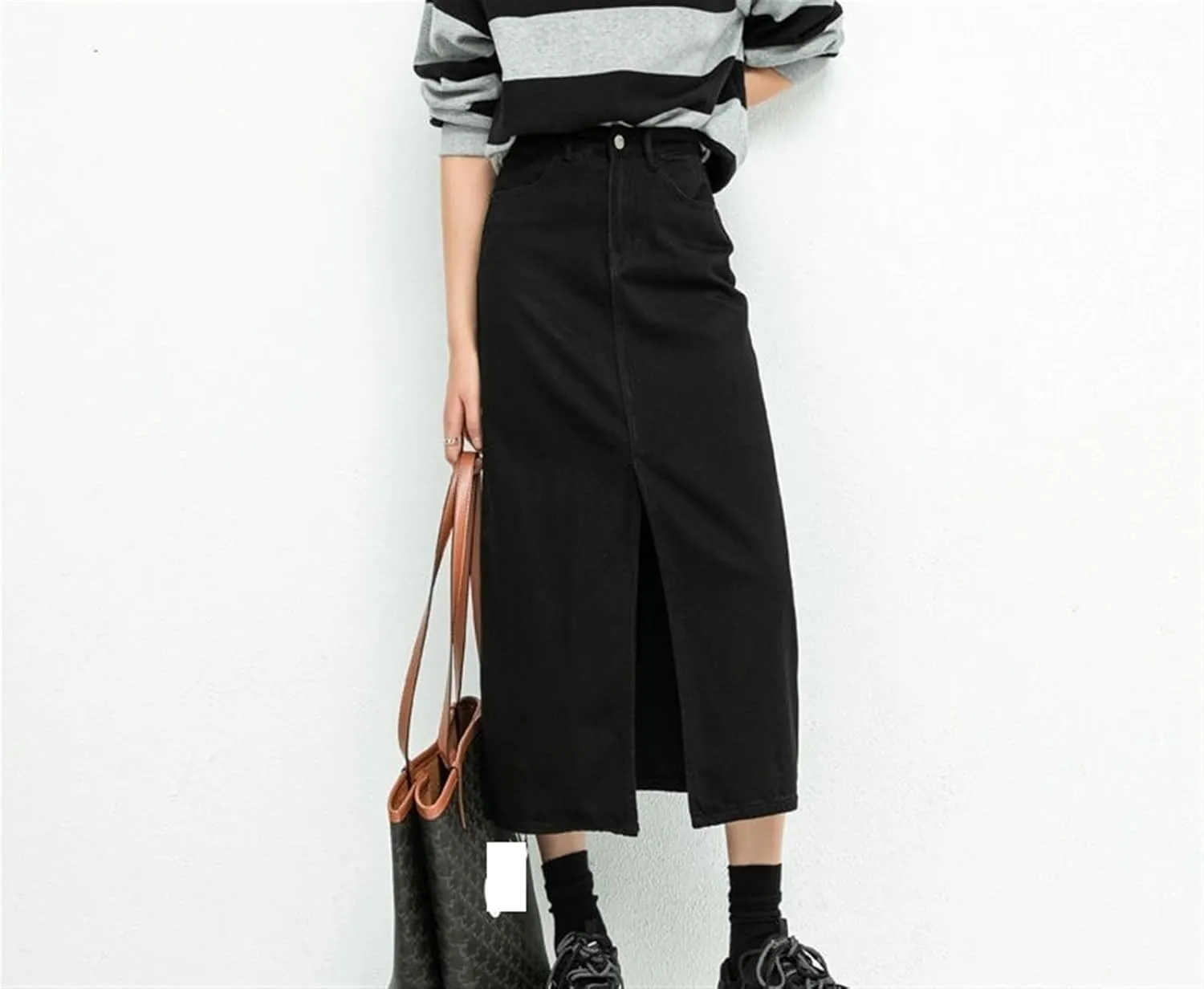 Women's Split Denim Skirt for High Waisted Loose A-line Skirt Elegant Black Skirts Mid Length Skirts