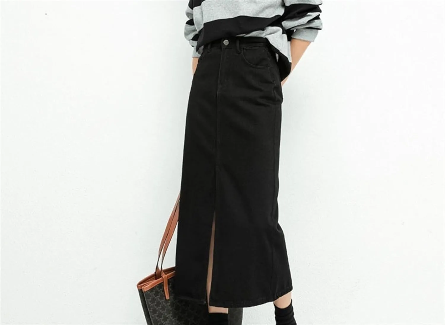 Women's Split Denim Skirt for High Waisted Loose A-line Skirt Elegant Black Skirts Mid Length Skirts