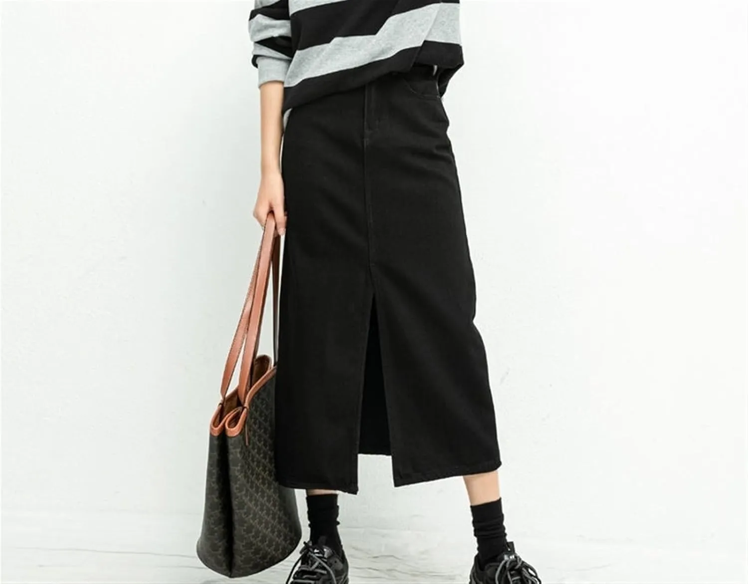Women's Split Denim Skirt for High Waisted Loose A-line Skirt Elegant Black Skirts Mid Length Skirts
