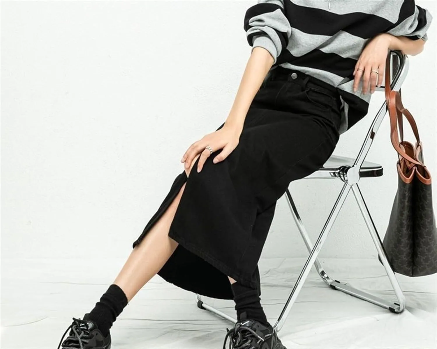 Women's Split Denim Skirt for High Waisted Loose A-line Skirt Elegant Black Skirts Mid Length Skirts