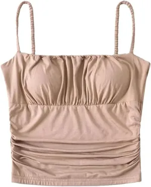Women's Square Neck Camisole Spaghetti Straps Pleated Slim Fit Built-in Chest Pad Tank Top