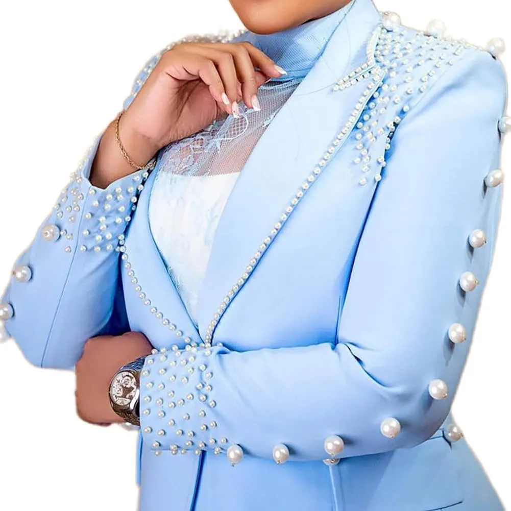 Womens Suit Sets Elegant Pearls Mother of The Bride Dresses Vintage One Button Pocket Blazer Flare Pants Prom Party