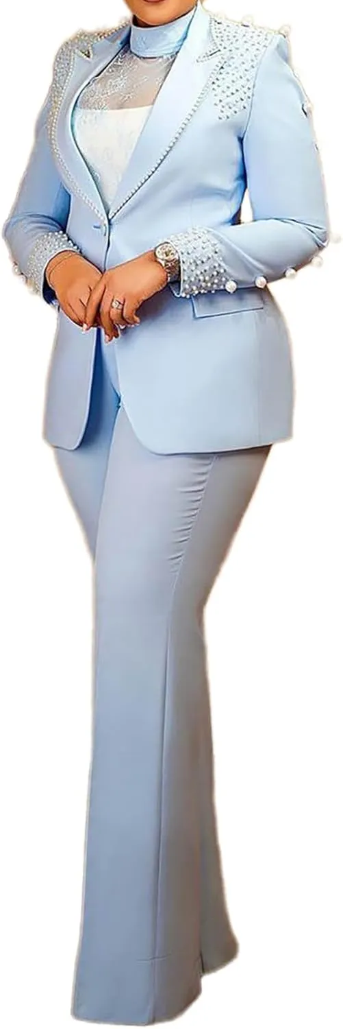 Womens Suit Sets Elegant Pearls Mother of The Bride Dresses Vintage One Button Pocket Blazer Flare Pants Prom Party