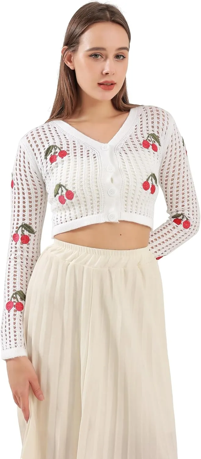 Women's Summer Cherry Button Hollow Out Long Sleeve Open Front Knit Cardigan