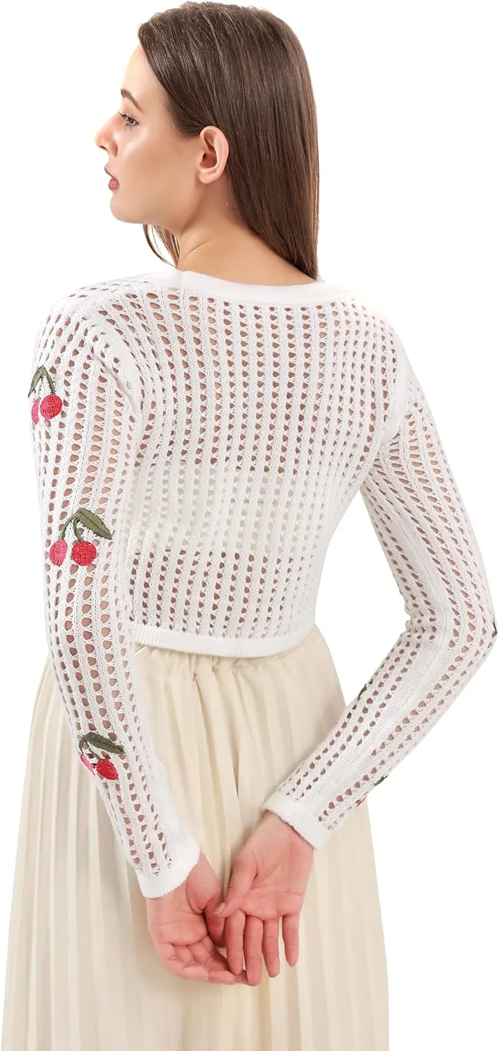 Women's Summer Cherry Button Hollow Out Long Sleeve Open Front Knit Cardigan