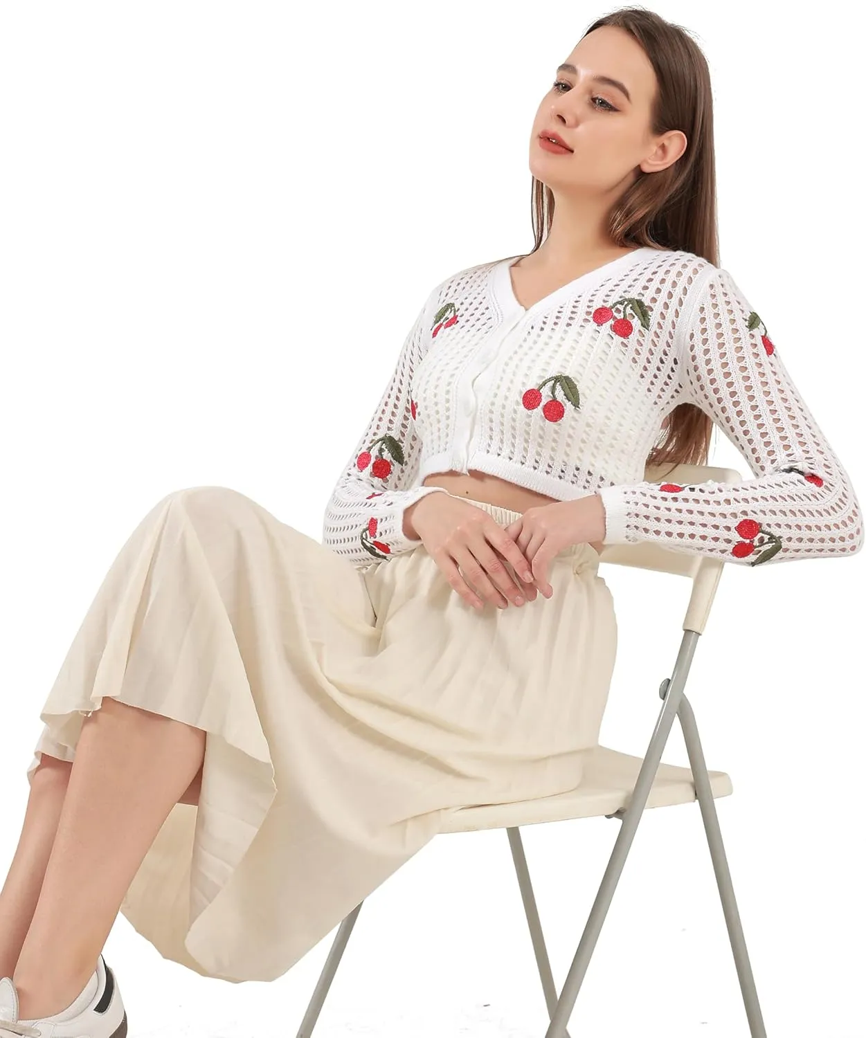 Women's Summer Cherry Button Hollow Out Long Sleeve Open Front Knit Cardigan