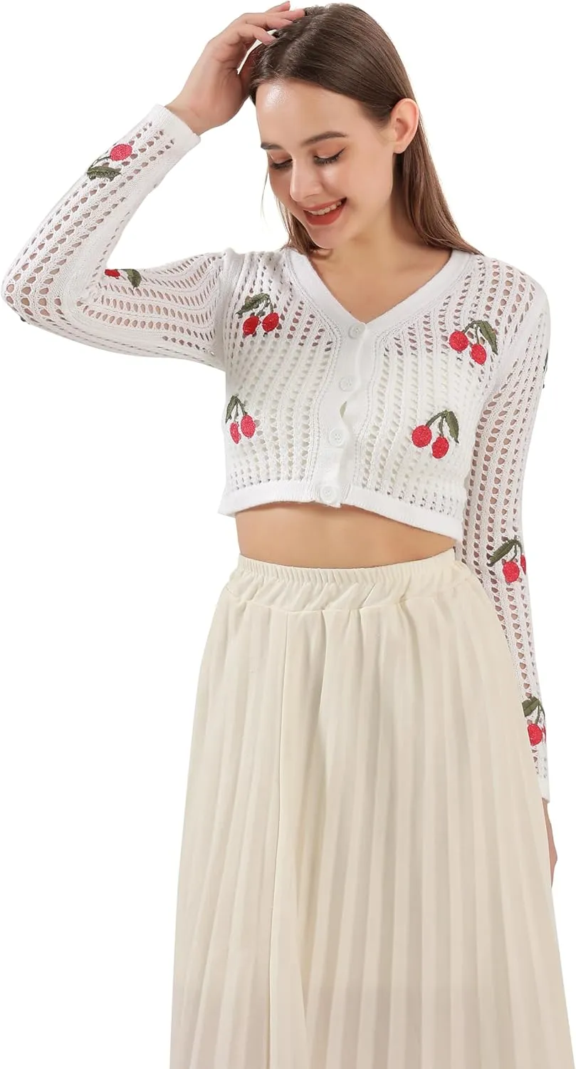 Women's Summer Cherry Button Hollow Out Long Sleeve Open Front Knit Cardigan