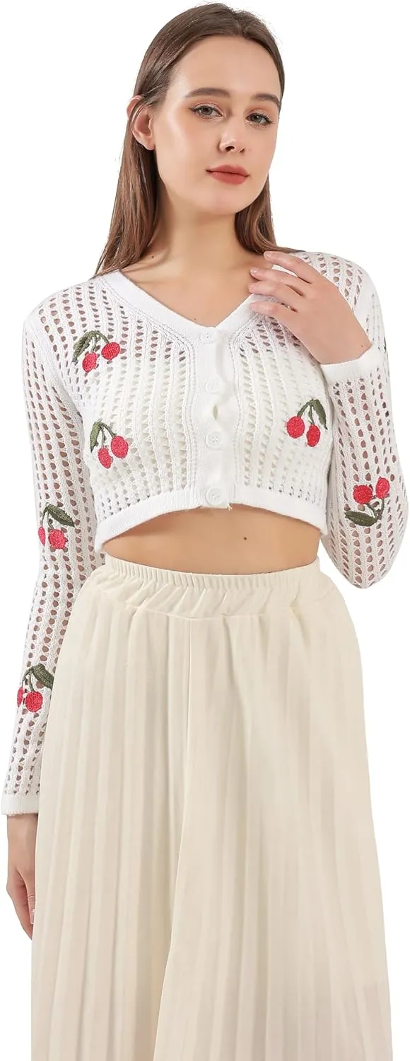 Women's Summer Cherry Button Hollow Out Long Sleeve Open Front Knit Cardigan